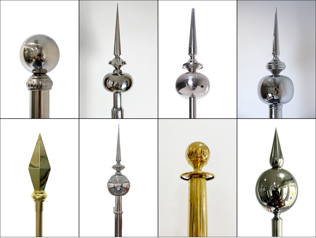 Indoor flagpole finial options: ball, spear and grooved metal designs
