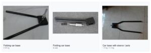 Car flag bases: a folding car base, a folding car base in use and a car base supplied with a rotating sleeve or with a pole