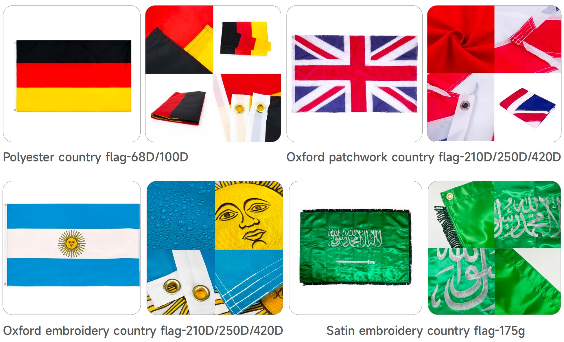 Comparison of four flag fabrics and constructions: polyester 68D and 100D, oxford patchwork and embroidery 210D 250D and 420D, and satin embroidery 175g