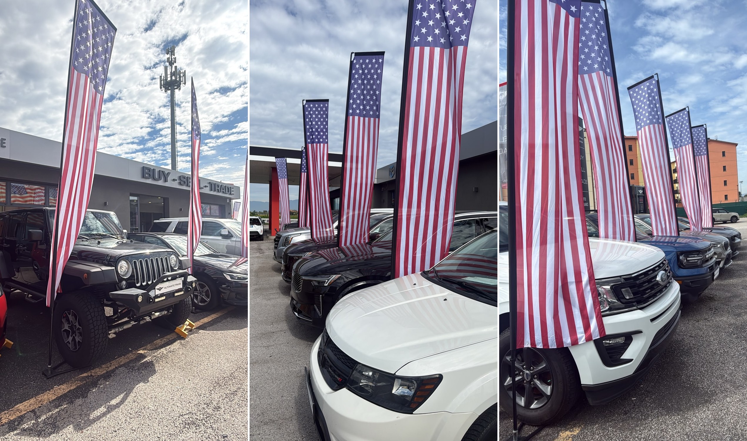 US flag display sets on 4.3 metre poles in front of vehicles on a car dealership lot
