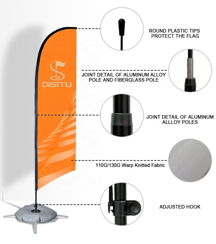 Feather flag pole joints, printed fabric and adjustment hook detail