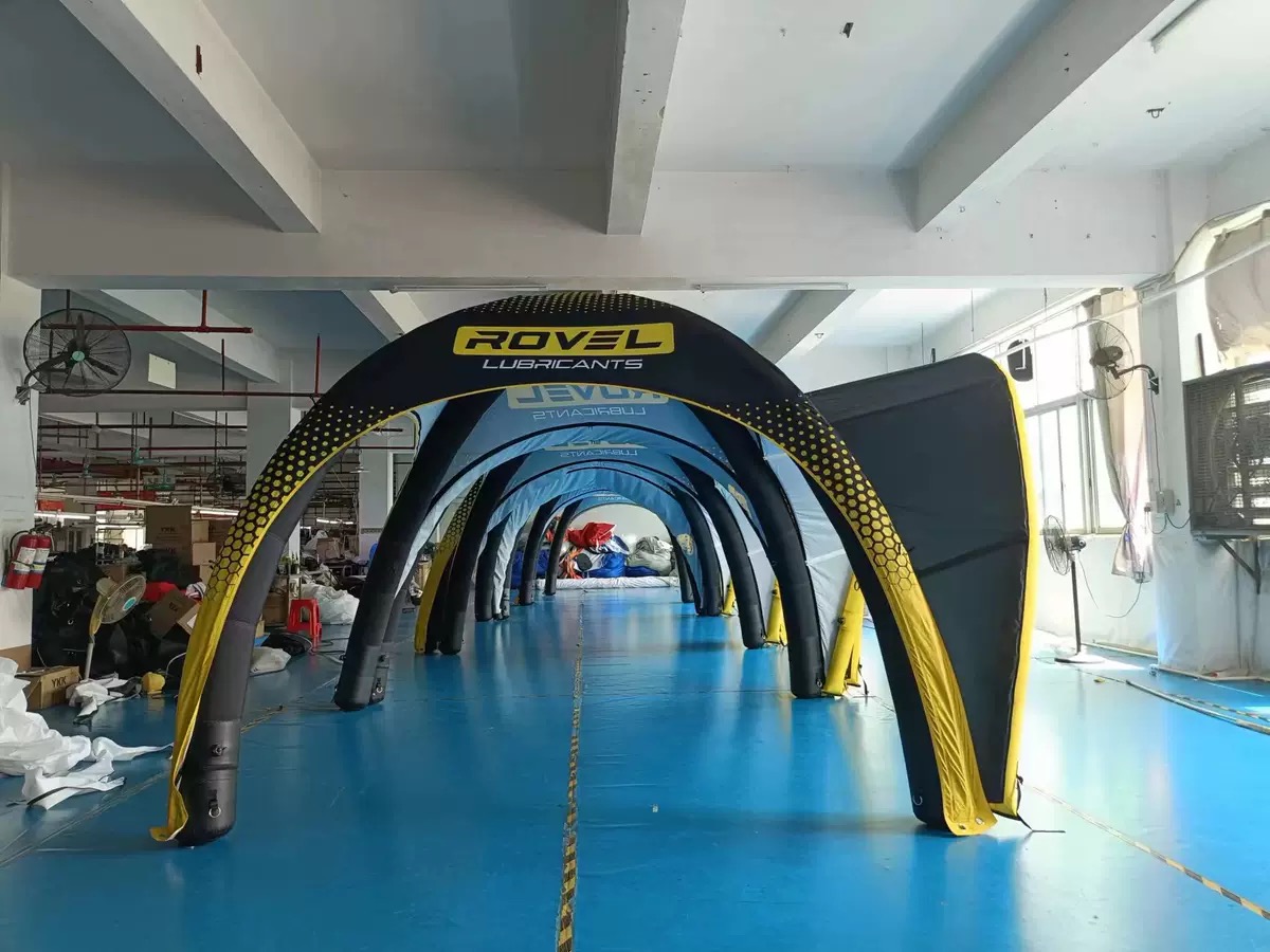 Custom printed inflatable arches in production