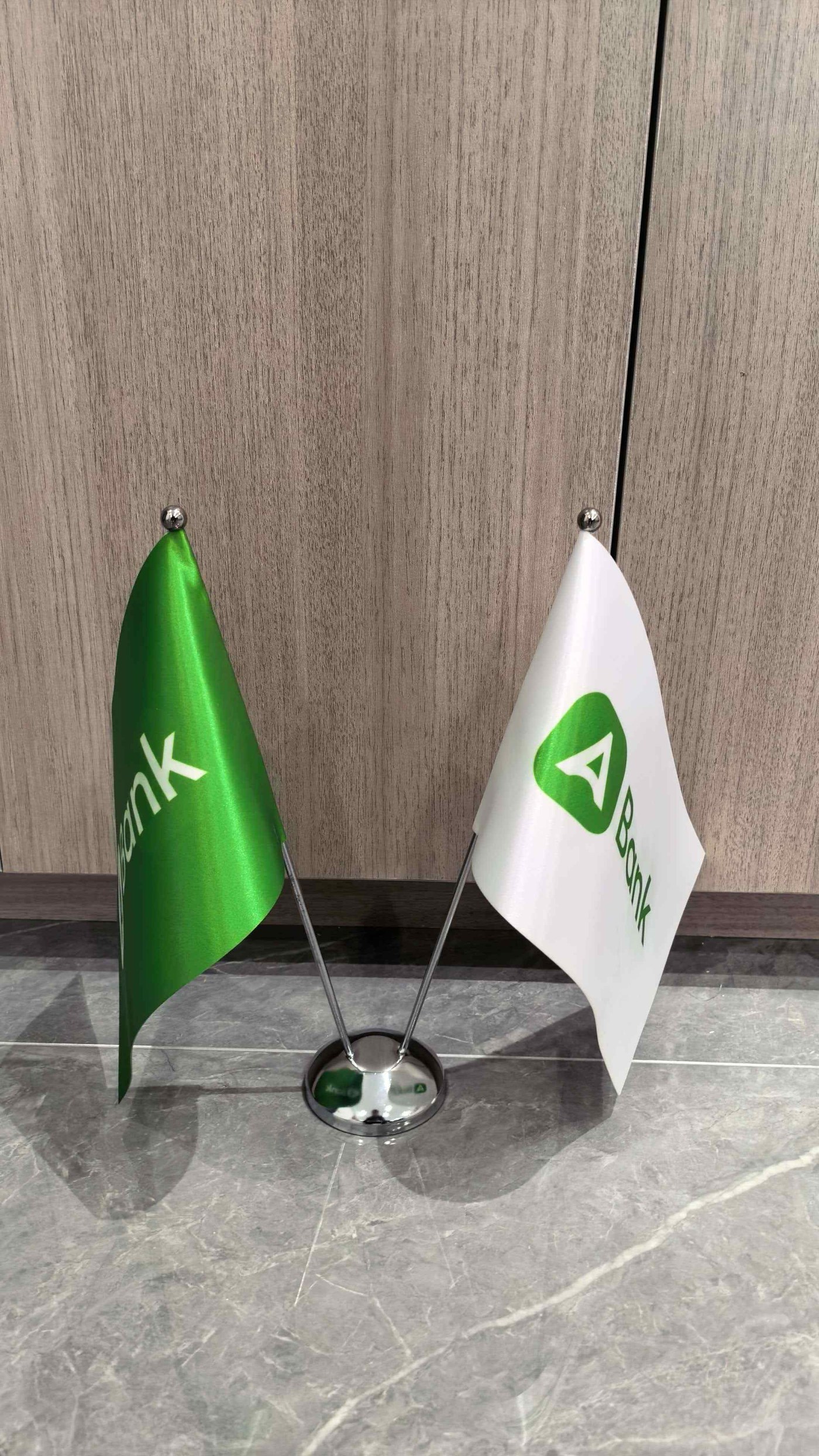 Double pole desktop flag stand with custom double-sided printed table flags